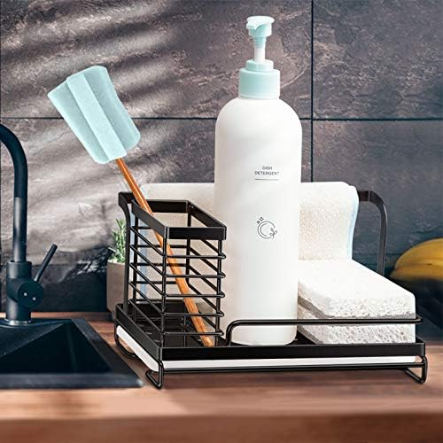Nieifi Sink Caddy, Kitchen Sink Organiser Stainless Steel, Sponge Brush Soap Holder with Drain Pan for Kitchen, Black