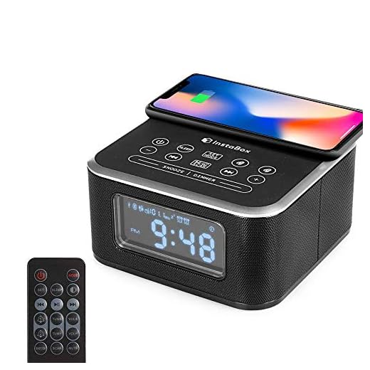 InstaBox W33 Bluetooth Dual Alarm Clock with Wireless Charging, FM Radio, USB Charging Port, Digital Display, AUX-IN, Snooze, Sleep Timer, Battery Backup, 4 Dimmer for Bedroom, Office, Hotel