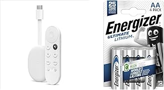 Chromecast with Google TV Snow – Streaming entertainment on your TV with voice search remote & Energizer AA Batteries, Ultimate Lithium, 4 Pack Double A Battery Pack