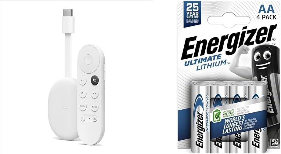 Chromecast with Google TV Snow – Streaming entertainment on your TV with voice search remote & Energizer AA Batteries, Ultimate Lithium, 4 Pack Double A Battery Pack