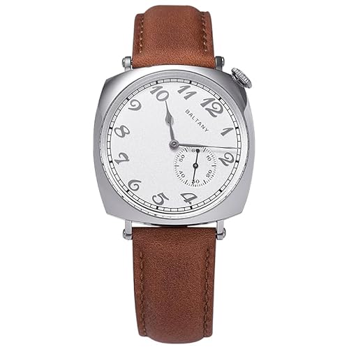 Baltany Dress Wacthes for Men, Brown Leather Automatic Watch with Sapphire Crystal Dome, VC 1921 S4046 Vintage Watch (White)