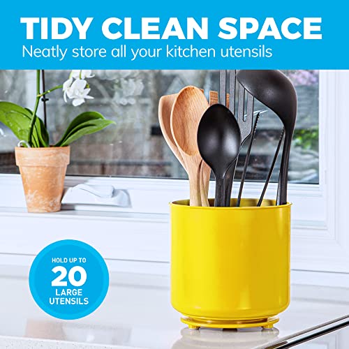 Image of Cooler Kitchen Extra Large Rotating Utensil Holder Caddy with Sturdy No-Tip Weighted Base, Removable Divider, and Gripped Insert: Yellow | Rust Proof Plastic and Dishwasher Safe 7*7 inches