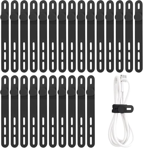 Oligei 25 Pcs Silicone Cable Ties Cable Ties Reusable High Elasticity Cord Wraps for Electrical Cords Cord Organizer for Earphone Phone Charger(Black)