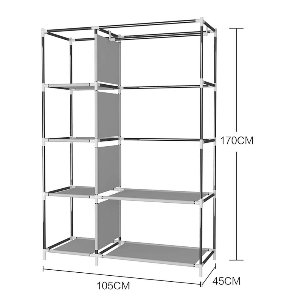 Armadio Guardaroba in Tessuto 105x45x170 cm – Struttura Rinforzata in Acciaio, Antipolvere e Impermeabile, Armadio Portatile con Ripiani e Asta Appendiabiti, Facile da Montare (Grigio)