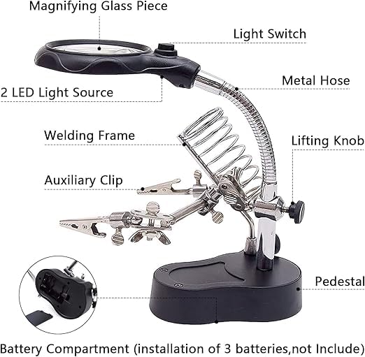 Image of URBAN BOX 5 LED Magnifying Soldering Iron Stand with Helping Hand Clip, 2.5X 7.5X 12.5X Magnifier, Black and White, Medium