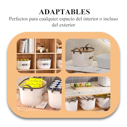 Miniatura 6 de Dh Cesta Organizadora Multiusos De Plástico Pp, 40x30x22cm Resistente Y Apilable Con Mangos Antideslizantes Diseño Elegante Para Hogar, Cocina, Ropa, Juguetes Color Crema Y Marrón T-Xl