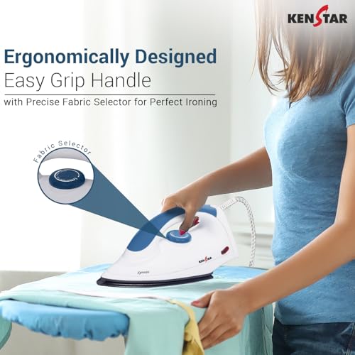 Image of Kenstar XPRESSO 1000W Dry Iron | Non-Stick PTFE Soleplate | Auto Cut-Off & Fabric Selector | 180 Swivel Cord | Blue & White