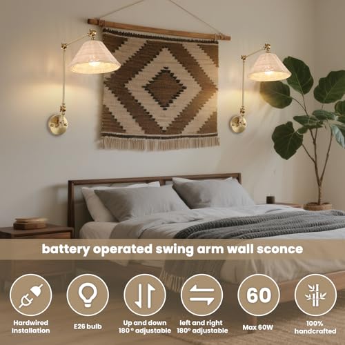 Image of Woven Hardwiring Wall Sconce Set of 2, Rattan Swing Arm Wall Lamp, Gold Vintage Bedside Light Fixture, Hand Woven Boho Sconces for Bedroom, Living Room.