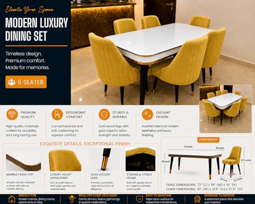 Image of WOODEN SPACE 6-Seater Wooden Dining Table Set | Nano Composite Marble Top | Solid Wood Base | Modern Dining Room Furniture with 6 Chairs (Modern Infinity Yellow)