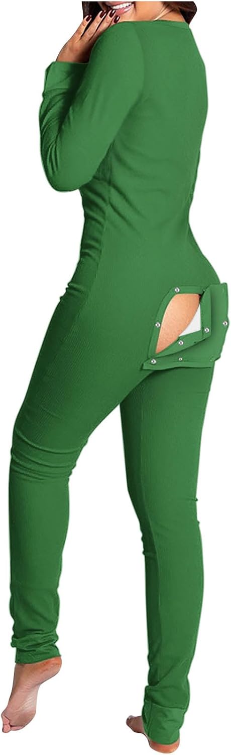 HGps8w Onesie Pajamas for Women Sexy Butt Flap Deep V Neck Jumpsuit One Piece Bodysuit Long Sleeve Romper Sleepwear