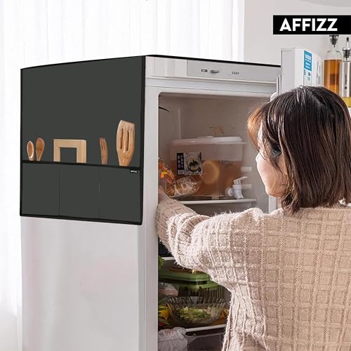 Image of Premium Refrigerator Single Door Waterproof & Dustproof Protective Top Cover with 6 Storage Pockets - Washable Polyester Fridge Cover for Kitchen Organization (130 x 54 cm, Dark Grey)