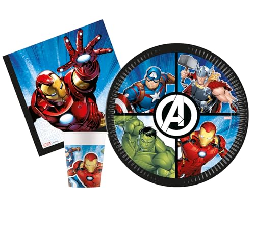 Kit Vaisselle de Fête Marvel Avengers Evergreen pour 24 personnes (88 pcs: 24 assiettes Ø23cm, 24 gobelets 200ml, 40 serviettes 33x33cm) en papier FSC compostable eco-friendly
