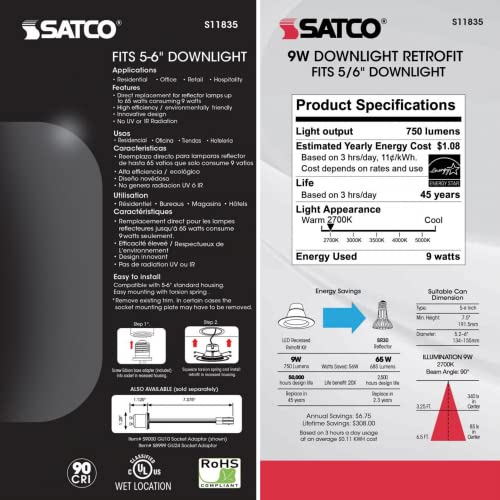 Satco (8 Pack) Led Color Selectable Downlight Retrofits, Part Number S11835, 9 Watt; 5 Inch - 6 Inch; Cct Selectable; 120 Volts; Dimmable; Black Finish For Industrial And Commercial Use #TOP5