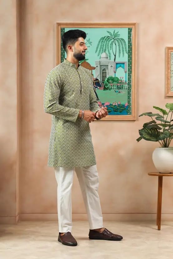 Image of LookMark Men's Printed Silk Blend Kurta with Mandarin Collar, Full Sleeves, Straight Fit Traditional Ethnic Wear
