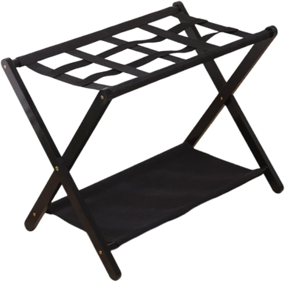 Luggage Rack Foldable Suitcase Stand with Storage Shelf Bamboo Organizer Two Tier Space Saving Design for Guest Room Bedroom Home Use, Black