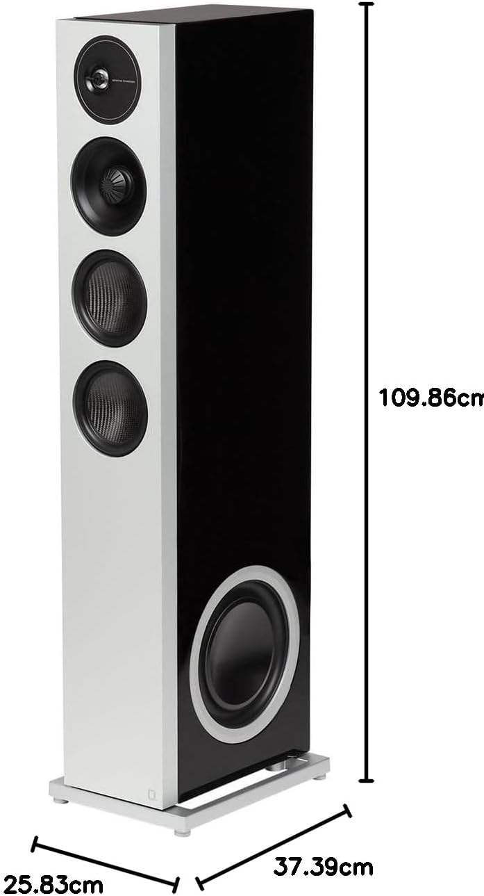 Image showing the dimensions of the Definitive Technology Demand D17 speaker: 109.86cm height, 25.83cm width, 37.39cm depth.