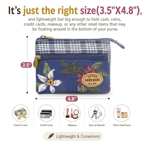 Image of Women Small Zipper Coin Purse, Handmade Fabric Flower Embroidered Change Pouch, Cotton Double Zipper Wallet