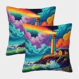 Faro costero Fundas Cojines Antialérgicas 2 Piezas, Funda De Almohada Poliéster Cuadradas para Sofá Cama Coche Hogar 40x40cm