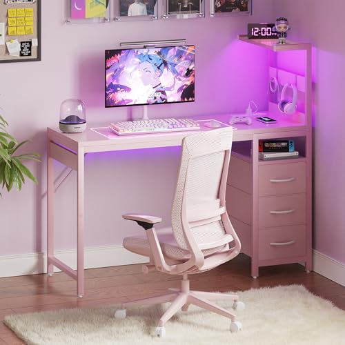 Image of YOUDENOVA 40 Inch Gaming Computer Desk with Led Lights, Small Desk with Storage Shelves and Drawers, Reversible Compact Gamer Table for Home Office, Carbon Fiber Pink