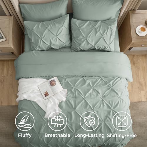 Image of Bedsure Oversized Queen Comforter Set Sage Green - Bed in a Bag Bedding Set 7 PCS, GentleSoft Pintuck Bed Set Gift for Family, All Season Down Alternative Comforter with Sheets, Pillowcases & Shams