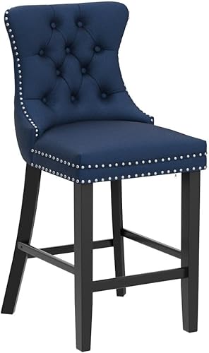 Miniatura 4 de SoarFlash Moderno juego de 2 taburetes de bar tapizados de terciopelo con patas de madera con botones cabeza de clavo cromada asiento de