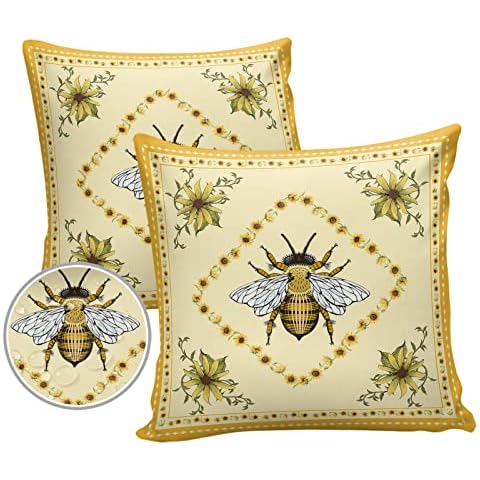 LOVE HOME DAY Sunflowers and Bee Outdoor Pillow Covers Set of 2, Farmhouse Retro Floral Decorative Waterproof Throw Pillow Case, Animal Honeybee Cushion Pillowcases for Couch Garden Patio 16x16In Cover