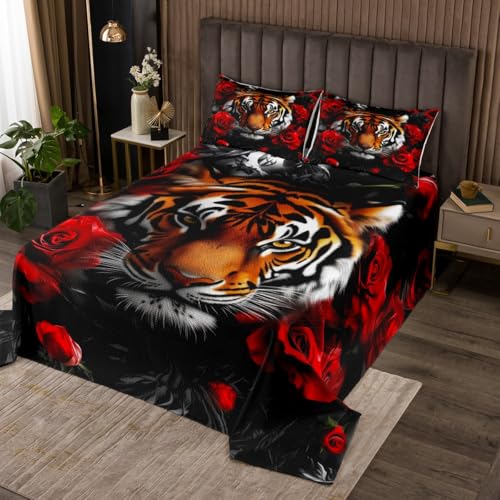 Loussiesd Tiger Bettüberwurf Wild Tier Tagesdecke 220x240cm Rot Rose Steppdecke für Frauen Männer 3D Wild Tier Muster Wohndecke Mit 2 Kussenbezug