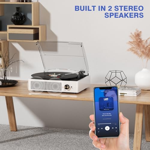 Image of Vinyl Record Player with 2 Stereo Speakers Belt-Driven Vintage Turntables 3 Speed 3 Size Wireless Bluetooth Playback AUX-in RCA Out Headphone LP Vinyl Players Auto Stop Pale Silver