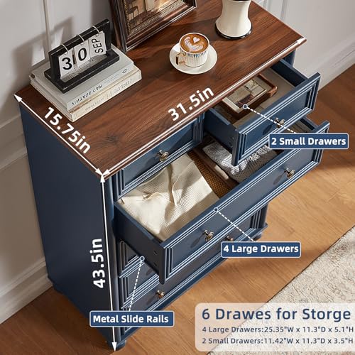 Farmhouse 6 Drawer Dresser Set of 2, Chest of Drawers for Bedroom, 43.5" Tall Blue Dresser with Roman Column, Rustic Wood Storage Dressers Organizer for Living Room, Hallway, Closet