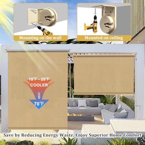 Image of Shade&Beyond Patio Shades Roll Up Outdoor Custom Size, Cordless Roller Shade Blinds with 90% UV Protection, Exterior Sunshade Cloth Roll for Pergola Porch Gazebo Balcony, Wheat