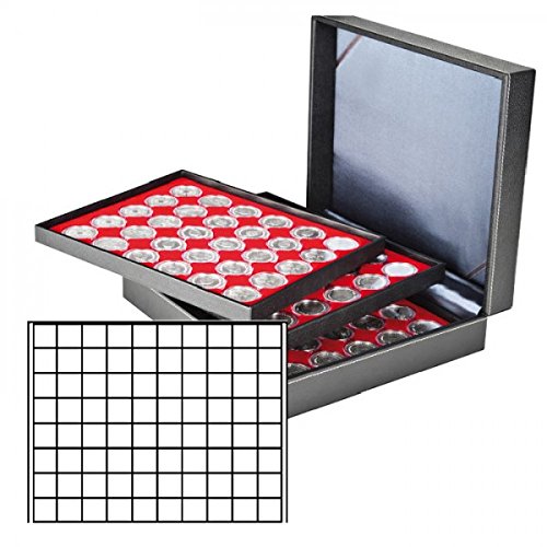 LINDNER Das Original Kasetka na monety NERA XL z 3 otworami i jasnoczerwonymi wkładkami na monety z 240 kwadratowymi przegródkami na monety/kapsułki do Ø 24 mm