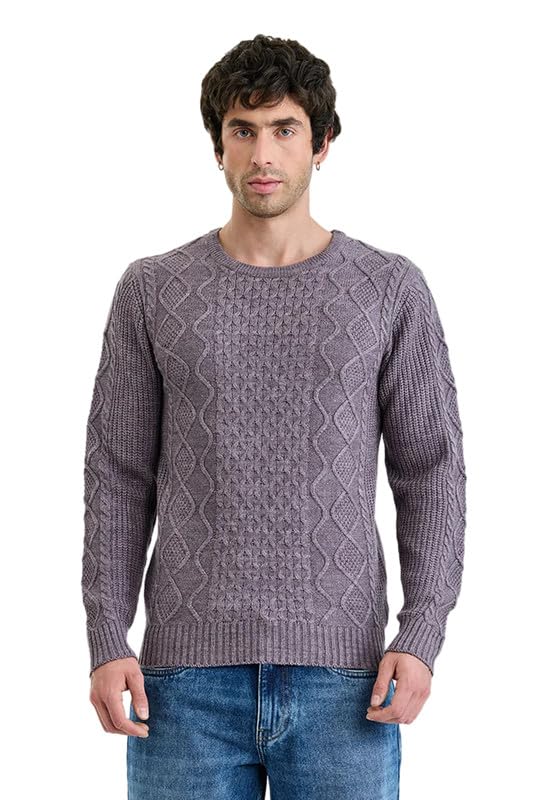 Image of SNITCH Men Sweater | Textured Cable Knit Design with Crew Neck & Full Sleeves | 100% Acrylic Fabric Knitwear for Casual Wear & Winter Wear| Regular Fit