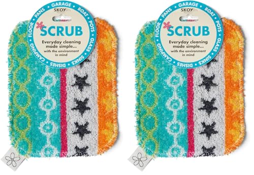 Image of Skoy Scrub, 1-Piece, Non-Scratching, Reusable Scrub for Kitchen and Household Use, Environmentally Friendly, Dishwasher Safe - Assorted Colors and Designs (Pack of 2)