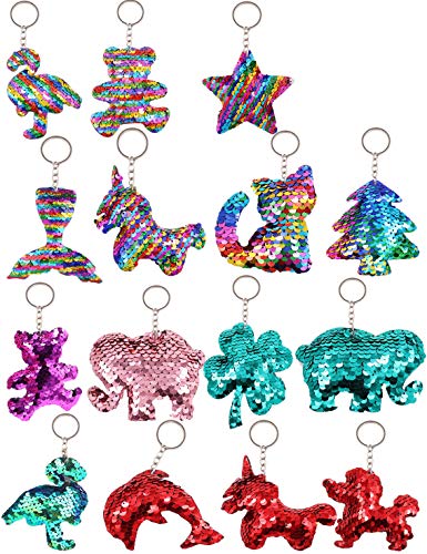 FORFIT 15 Pcs Flip Sequin Keychain Reversible Sequin Unicorn Key chains Glitter Mermaid Tail Animal Cat Sequin Key Rings Decoration for Handbag Purse Party Embellishment