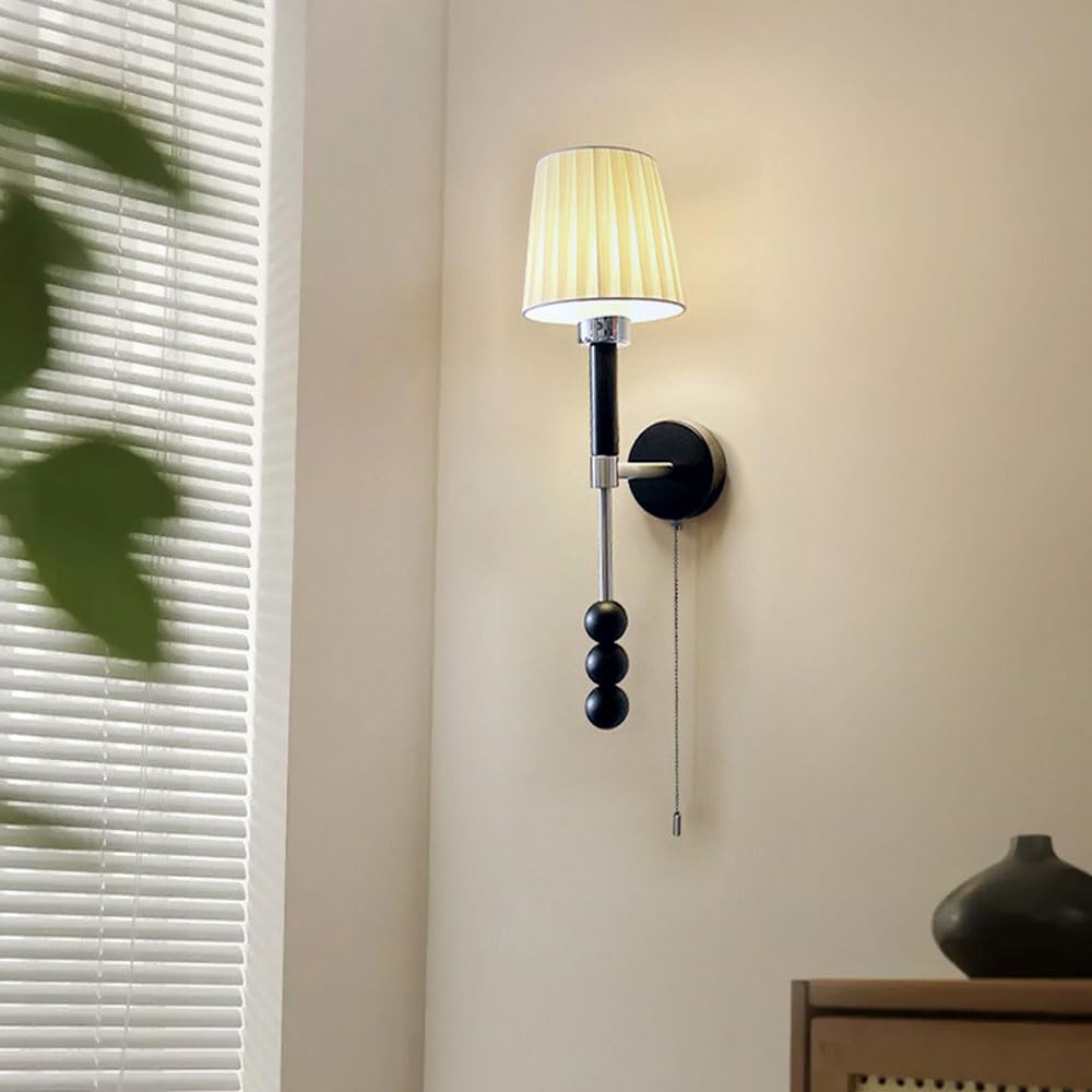 Applique da Parete Moderna in Tessuto con Interruttore a cordicella, Lampada da Comodino per Hotel, Applique da Soggiorno con Cablaggio Fisso, Paralume in Tessuto Bianco plissettat