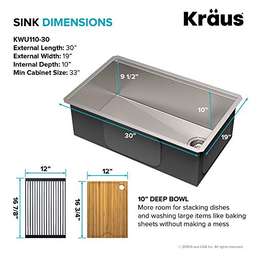 KRAUS Kore Workstation 30-inch Undermount 16 Gauge Stainless Kitchen Sink, Single Bowl Kitchen Sink with 1 HP Garbage Disposal,KWU110-30-100-100MB by Kraus - Image 4