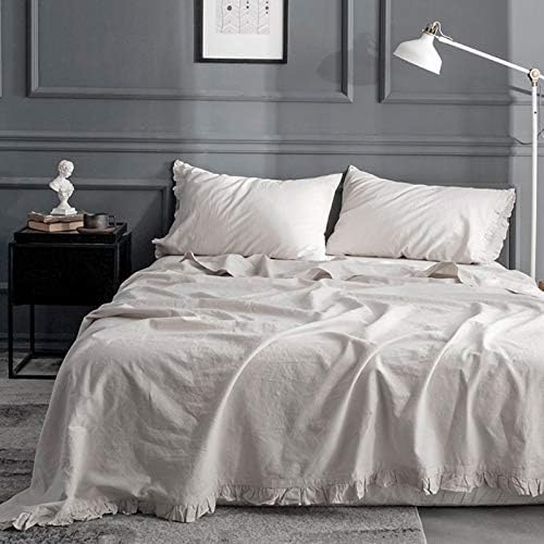 King Linens Belgian Linen Sheet Set with Ruffles - 3 Pieces (1 Flat Sheet & 1 Fitted Sheet & 1 Pillowcase) Natural Flax Cotton Blend Soft Bedding Breathable Farmhouse - Linen, Twin Size