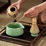 Zestaw do matchy – 4-częściowy zestaw do ceremonii herbacianej: ceramiczna miseczka z dzióbkiem, bambusowa trzepaczka ze stojakiem, łyżka do matchy dla miłośników herbaty (Wysyłka losowa)