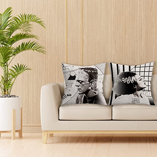 Frankenstein Couple Throw Pillow Case, 18 X 18 Inch Set Of 2, Monster And Bride Decor, Gift For Couple Horror Wedding, Anniversary, Wedding, Cushion Cover For Sofa Couch Bed -80 (Grey) #TOP1