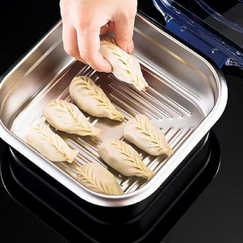 Image of Tanjiae Stainless Steel Lunch Box with Lid and Lock Clips, 1500ml Food Storage Container with Handle and Clear Top, Square Metal Food Container for Kitchen and Meal Storage (1PCS)