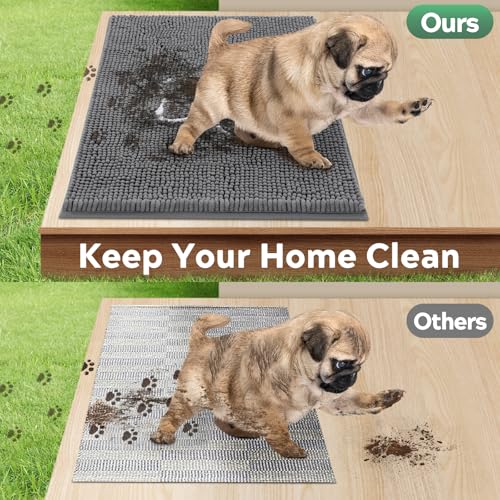 Dog Door Mat for Muddy Paws, Pet Rug Chenille Absorbent Outdoor Doormat 36"x 24", Non Slip Heavy Indoor Doormat Soft Front Inside Doormats for Entryway, Mud Paws, Patio,Dog Paw Grey