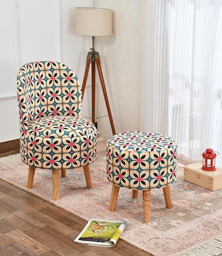 Image of NACIA Velvet Printed Ottoman Chair with Stool Combo | Dressing Table Chair for Bedroom Makeup Room Decor | Modern Upholstered Ottoman with Wooden Legs for Home (18x18x32 Inches, Boho Chic)