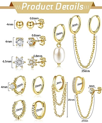 HAIAISO Small 14K Gold Plated Huggie Hoop Earrings for Women Lightweight Double Piercing Chain Earrings Dainty Stud Earrings Hypoallergenic 14K Gold Plated Hoop Earrings Set2