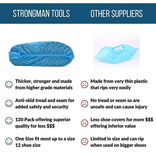 Strongman Tools 120 Pack (60 Pairs) Premium High Quality Extra Thick Disposable Shoe & Boot Covers Durable & Water & Slip Resistant Booties For Indoors & Outdoors - Heavy Duty 40Gsm For Construction (Large Size - Up To Us Mens 11 & Women 12) #TOP7