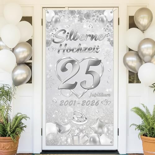 Tasoraor 25. Silberhochzeit Deko Banner - Elegantes Silber Stoff Türbanner für 25. Jubiläum Hochzeitsdeko (185 x 90cm) Silberne Hochzeit für Tür Wand Hintergrund Garten Tisch Innen Außen