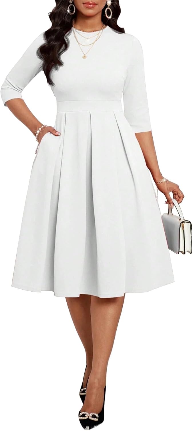 Fall Dresses for Women Semi-Formal Fit Casual Slim Mid Sleeves O-Neck Elegant Swing A Line Midi Dresses