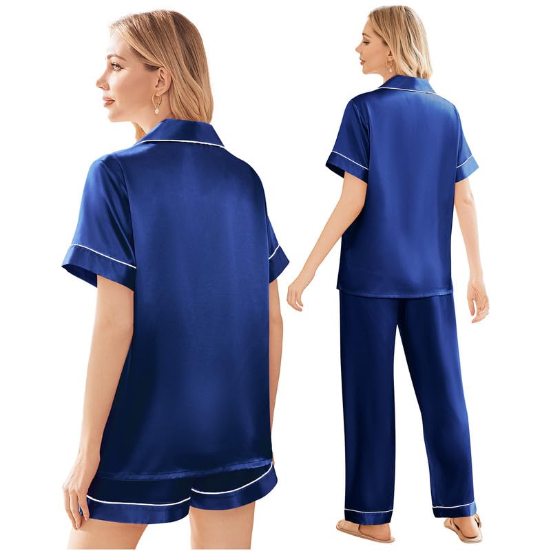 Image of Ekouaer Silk Pajamas for Women Set Satin Soft Short Sleeve Button Down Pjs | 3 Piece Loungewear,Comfy Sleepwear,Silky Smooth Fabric,Gift for wedding,Bridal Party,Coffee Time,Vacation