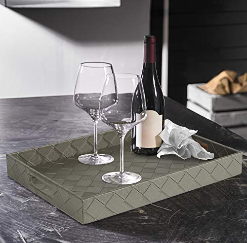 Faux Leather Rectangular Elegant Food Serving Tray with Handles for Ottoman Restaurant Home, Silver Grey, 16.2 x 12.2 x 2 inches