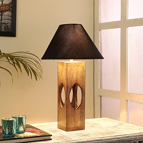 Image of tu casa Mango Wood Table Lamp | Black Cotton Shade Bedside Lamp | Decorative Lighting for Bedroom Living Room Dining Study Hall | Home Decor & Diwali Gifting | 44 cm (Bulb Not Included)