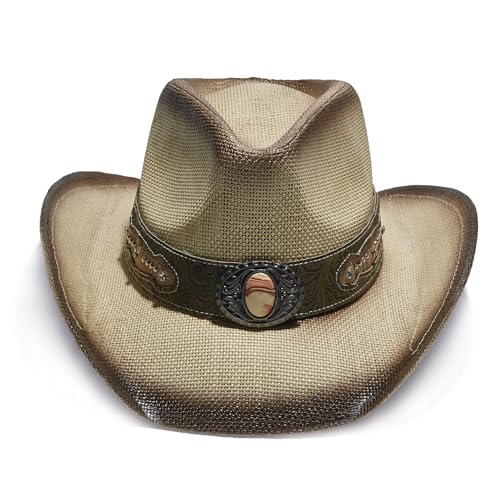 Image of YOUBADU Western Straw Cowboy and Cowgirl Hats with Decorative Bands - Unisex Wide Brim Raffia Style Sun Hat